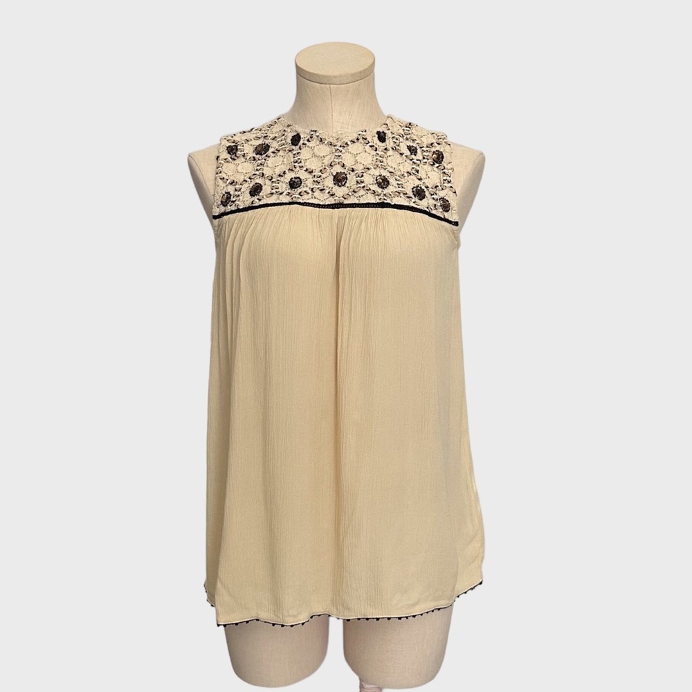 Zara Cream Sleeveless Blouse with Crochet‎ Lace Yoke